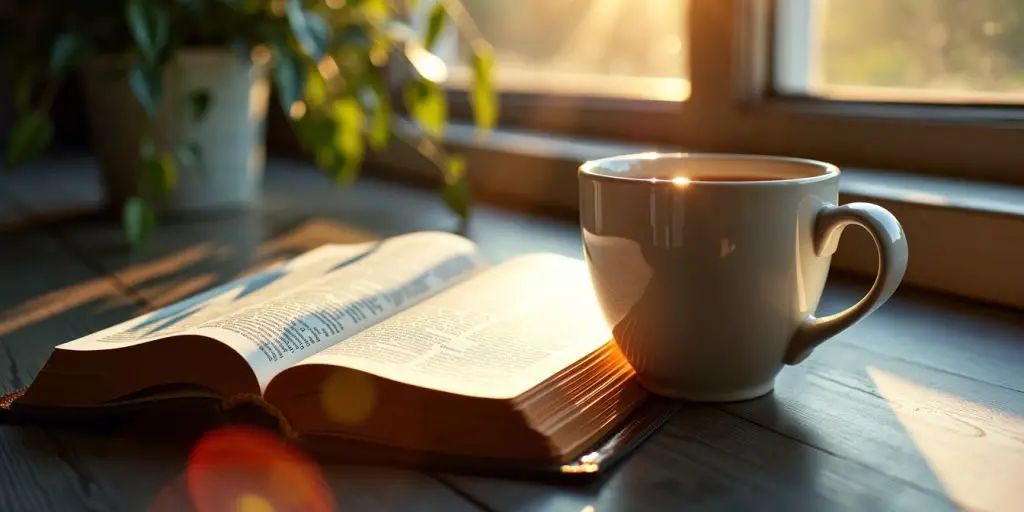 Open Bible with coffee in morning light