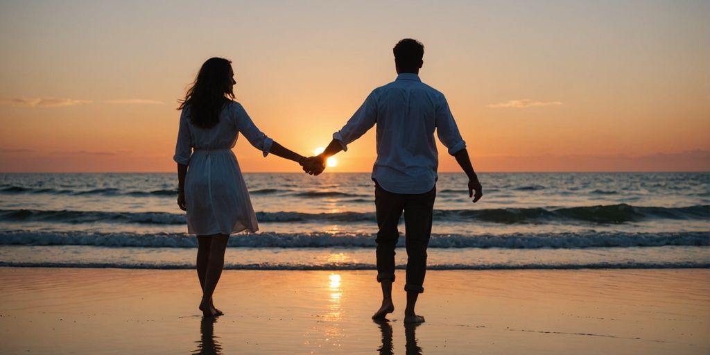 Couple holding hands at sunset on beach