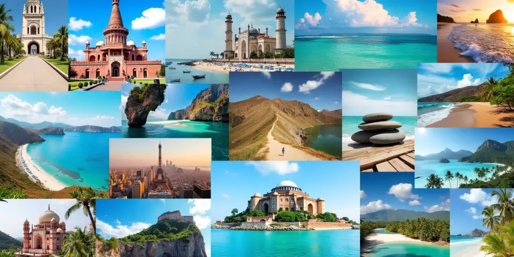 Collage of famous travel destinations around the world.