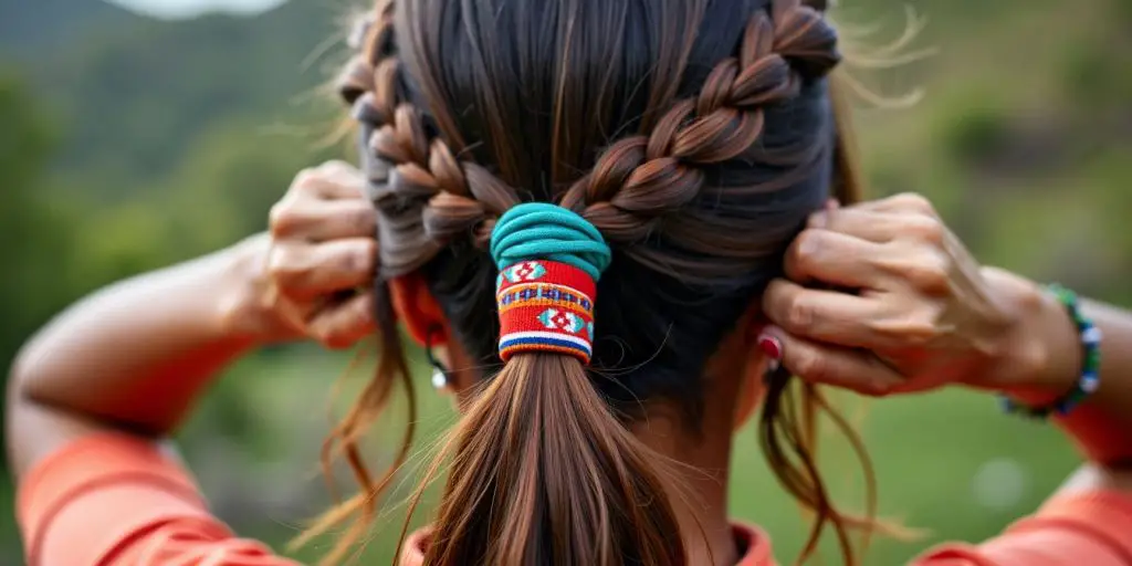 Woman using colorful American Indian hair ties in her hair.