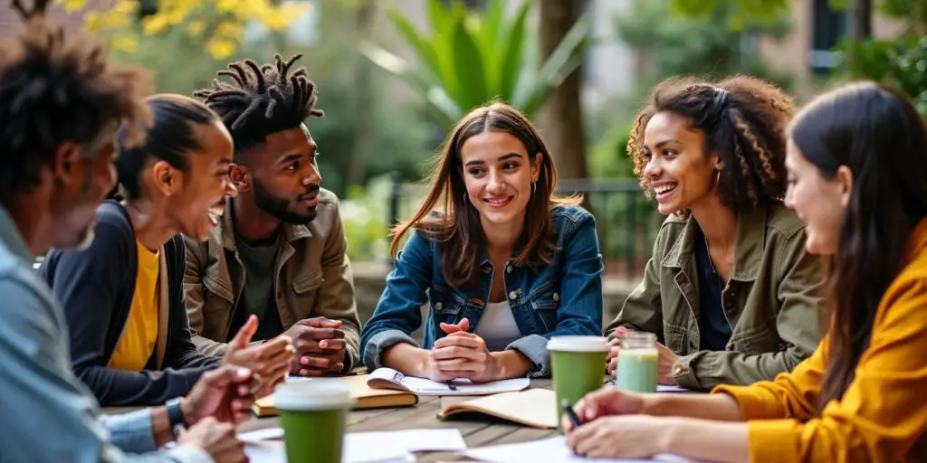 Diverse youth leaders collaborating in a community setting.