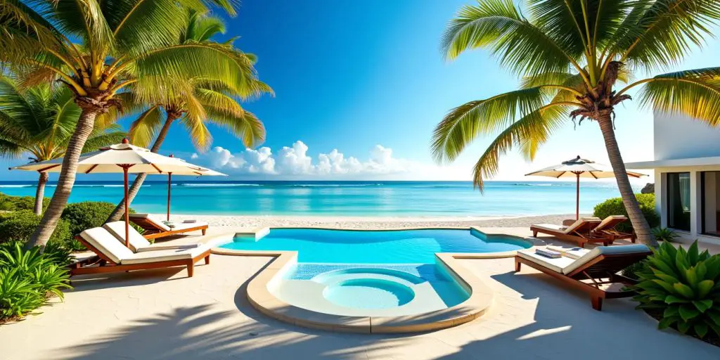 Luxury beach resort with palm trees and sun loungers.