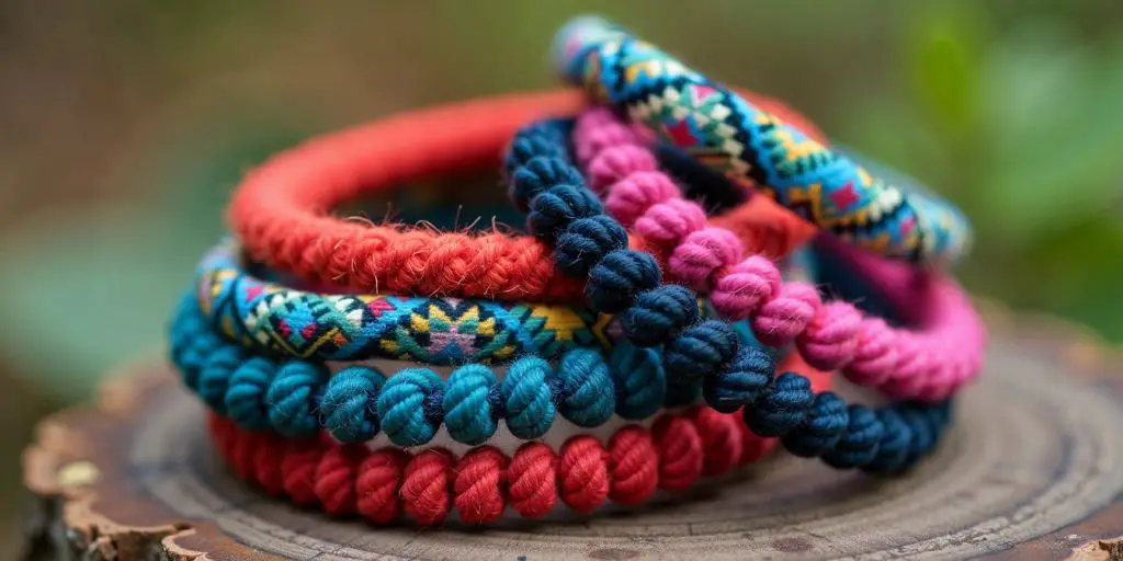 Colorful American Indian hair ties on a wooden surface.