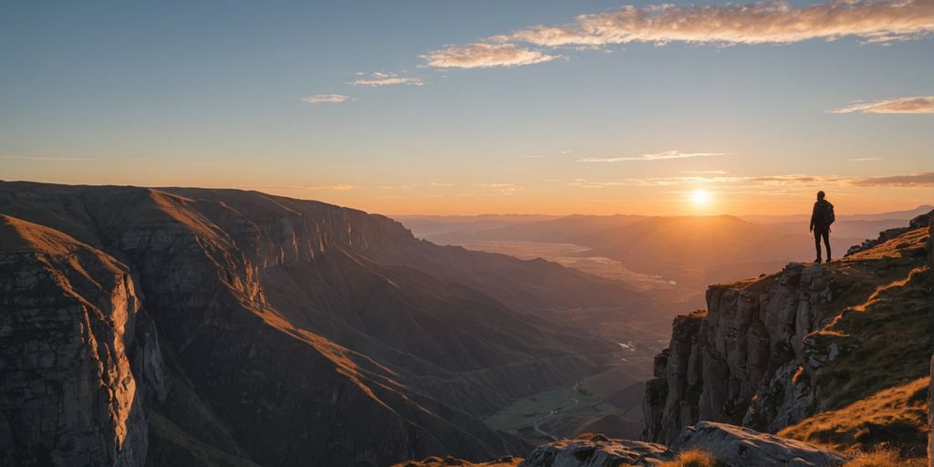 Person on cliff edge at sunrise