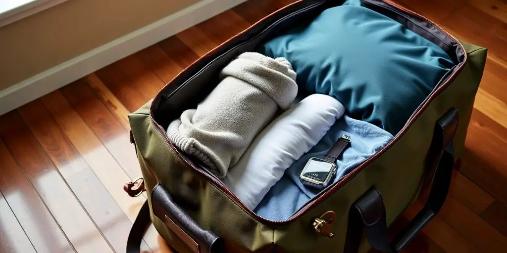 Stylish travel bag filled with clothes on wooden surface.