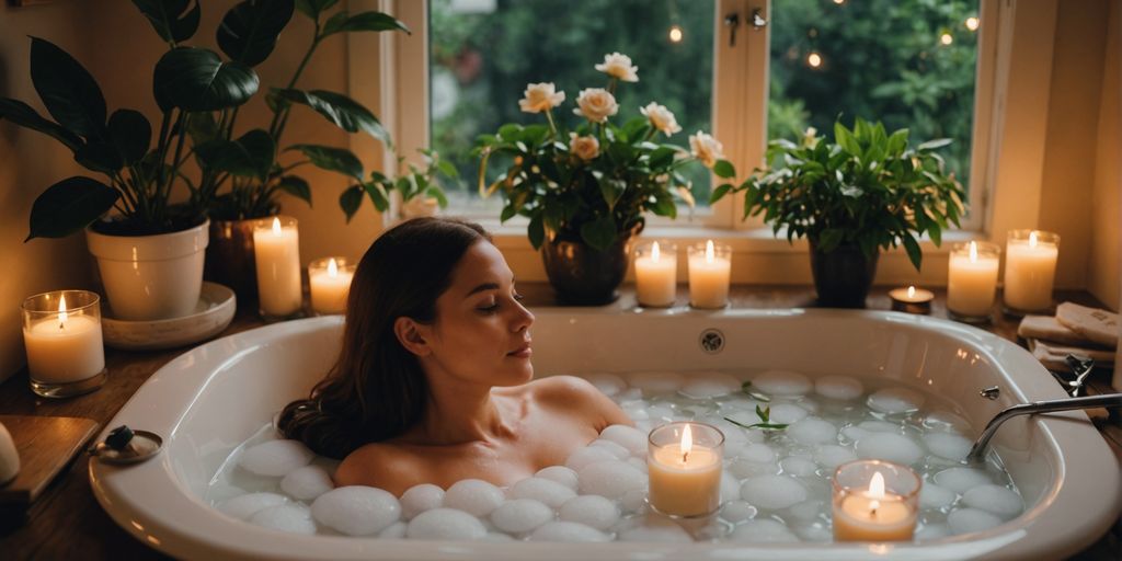 Person in bubble bath with candles and tea