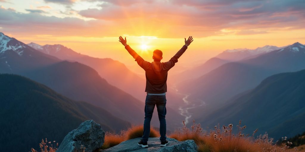 Person celebrating on mountain peak at sunrise.