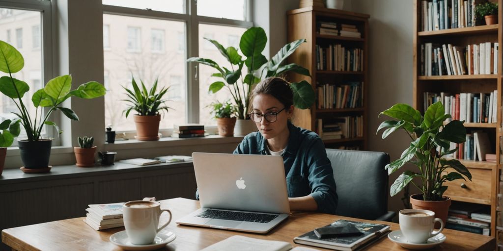 Person working at a desk with laptop and books