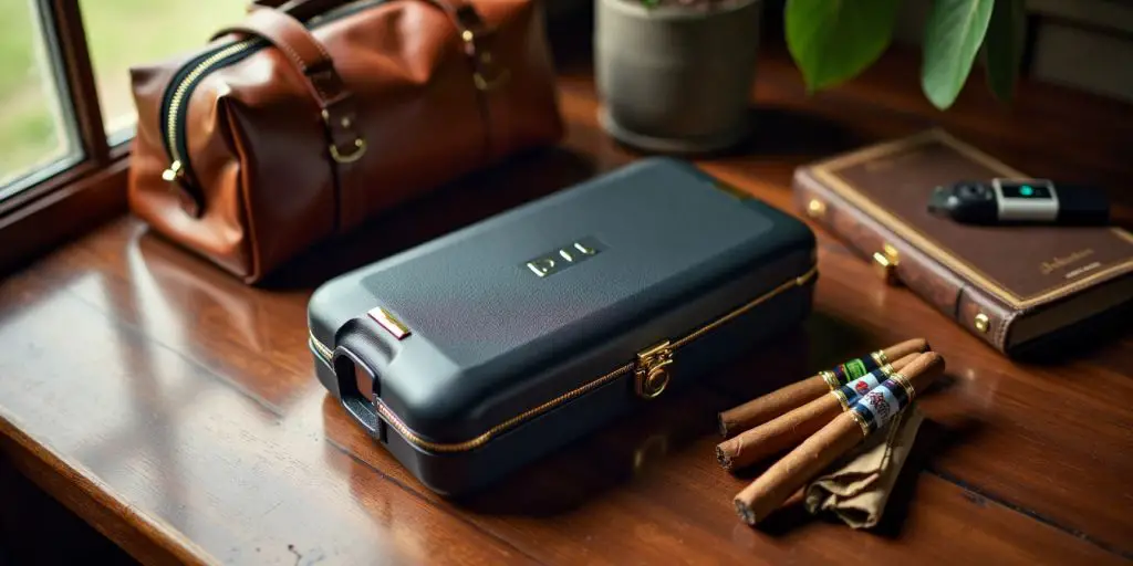 Compact travel humidor with cigars on a table.