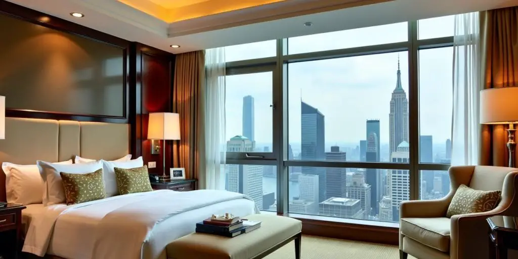 Luxurious hotel room with king-sized bed and city view.