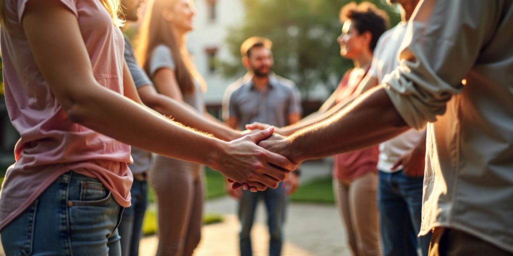 Diverse group holding hands in church courtyard