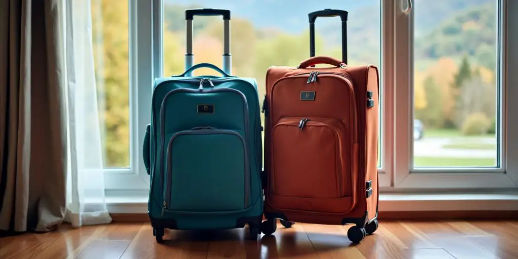 Travel bag and roller suitcase on wooden floor.