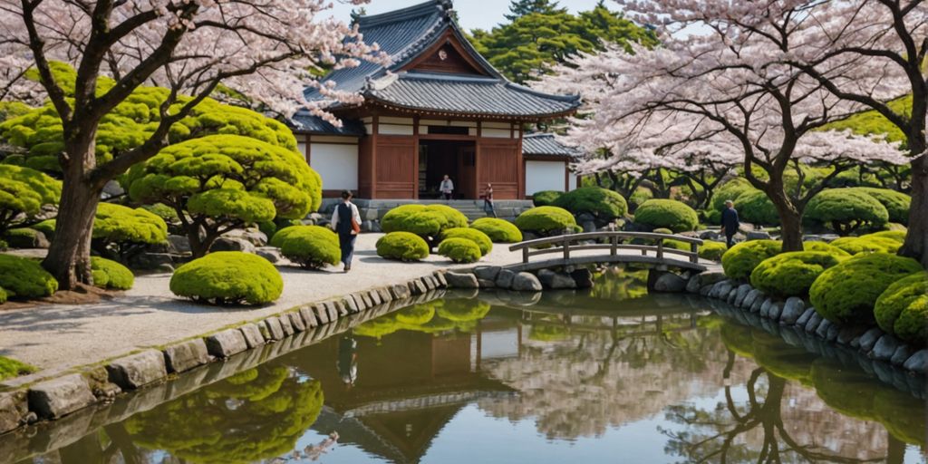 Couple in Japanese garden with cherry blossoms