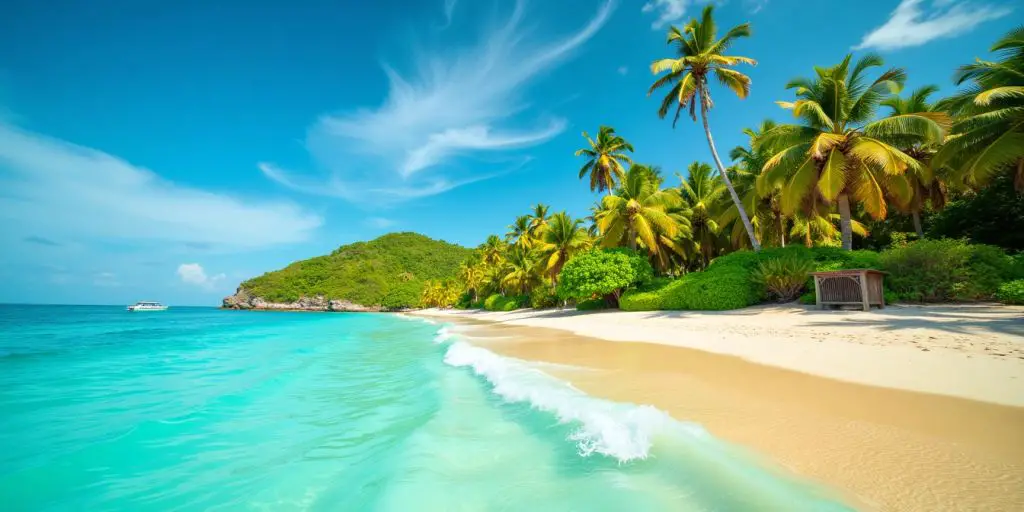 Tropical beach with palm trees and clear blue waters.