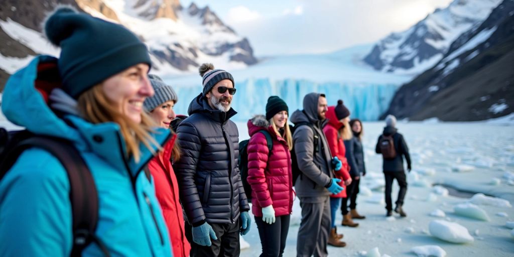 Tourists in warm clothing on a glacier