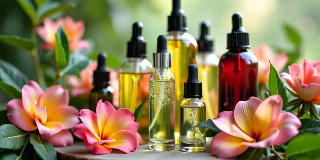 Close-up of colorful beauty serums in glass bottles.